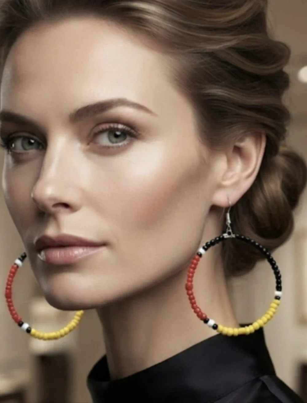 Handmade Beaded Hoop Earrings in Red, Black & Yellow